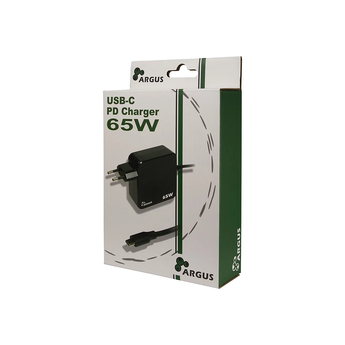 Produktverpackung eines Argus 65W USB-C PD Ladegeräts auf weißem Hintergrund.