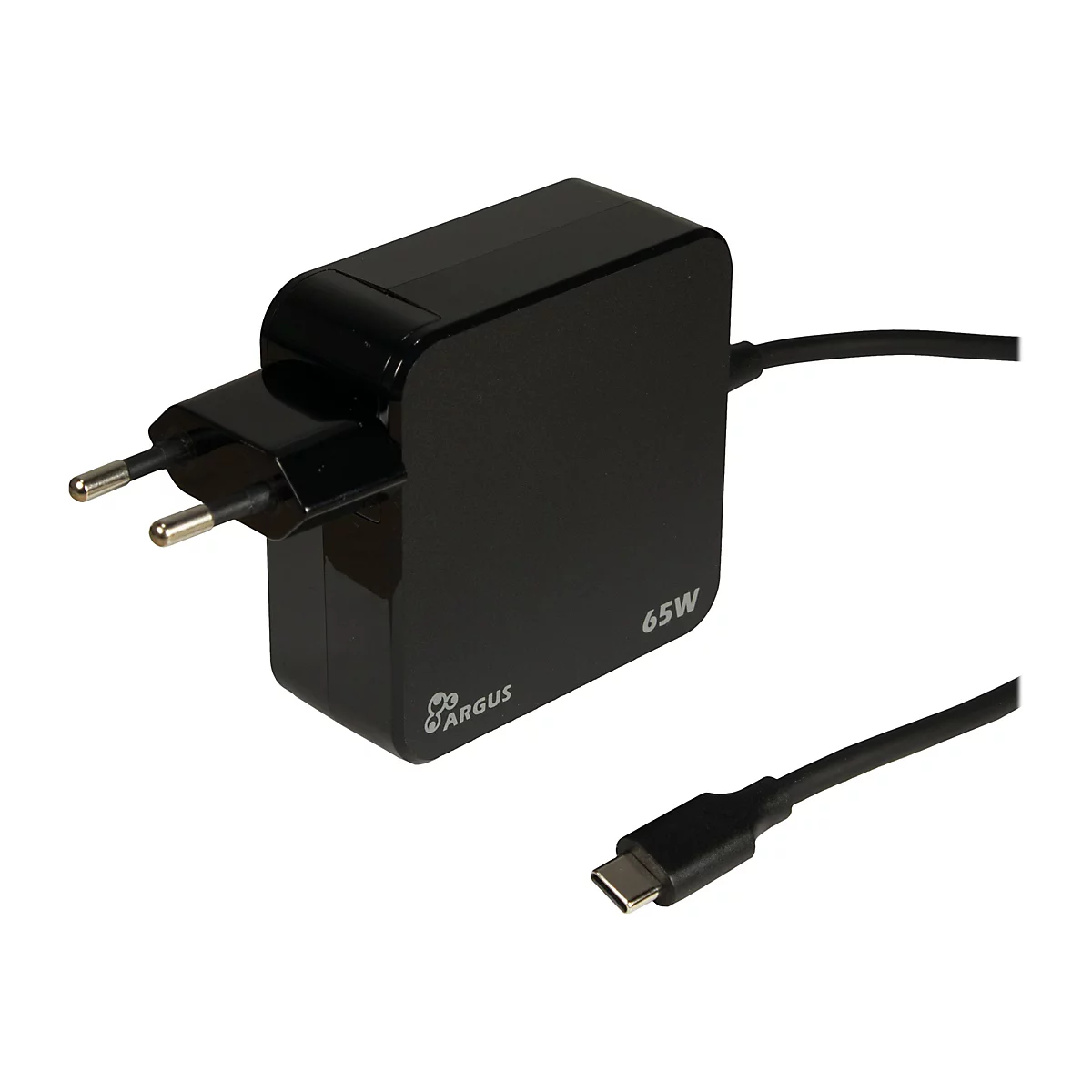 Schwarzes Argus 65W Netzteil mit EU-Stecker und USB-C-Kabel vor weißem Hintergrund.