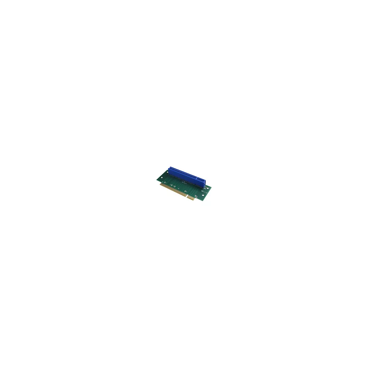 Eine grüne Leiterplatte mit einem blauen PCIe-Steckplatz vor weißem Hintergrund.