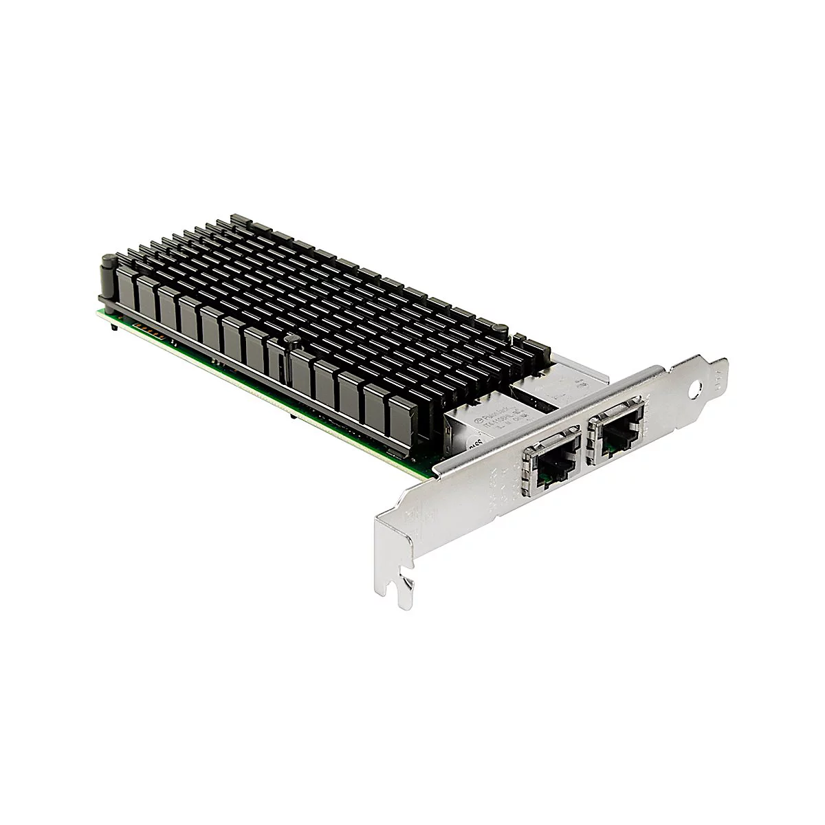 Eine schwarze Dual-Port-Netzwerkkarte mit Kühlkörper vor weißem Hintergrund.