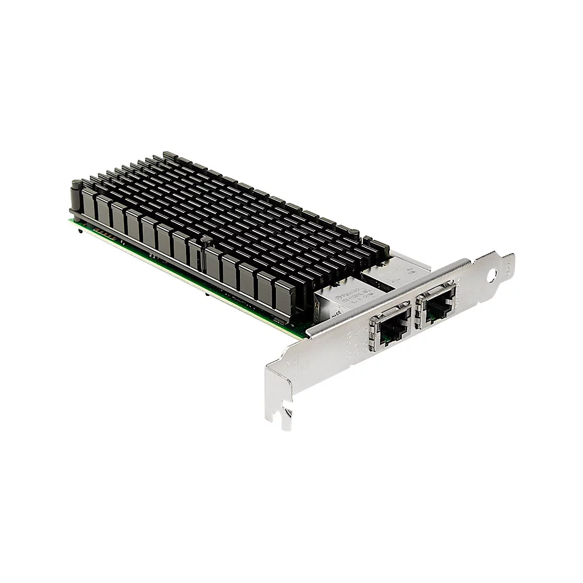Netzwerkkarte mit schwarzem Kühlkörper und zwei RJ45-Anschlüssen auf einer grünen Platine vor weißem Hintergrund.