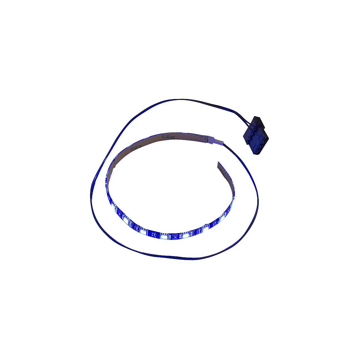 Blaues LED-Lichtband mit schwarzem Anschlussstecker auf weißem Hintergrund.
