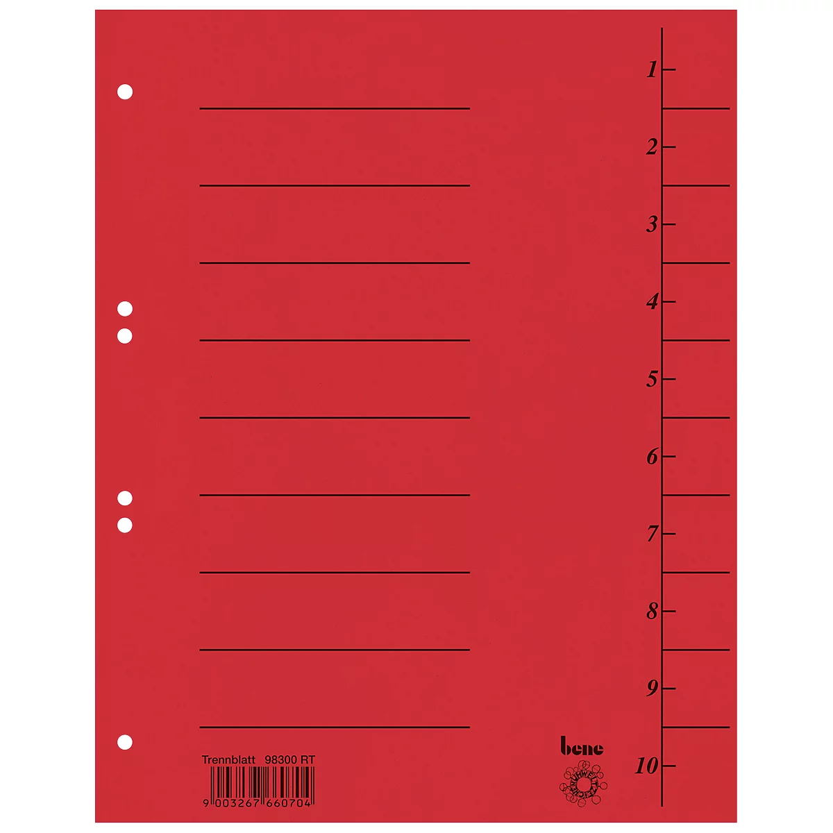 Séparateur rouge avec lignes et chiffres noirs. Trois trous à gauche, rangée de chiffres à droite.