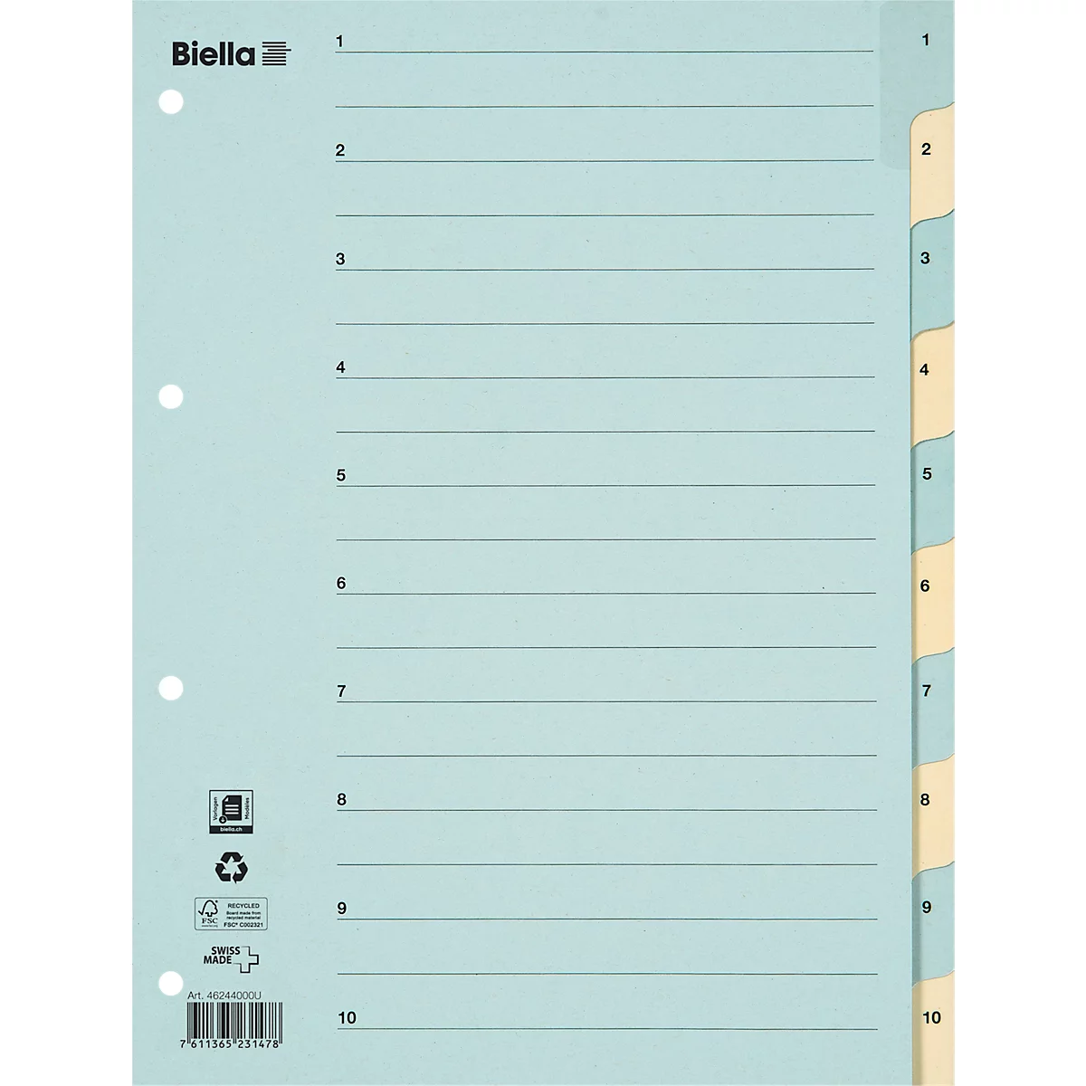 Séparateur bleu clair avec 10 sections, chacune numérotée. La marque "Biella" est imprimée en haut à gauche.
