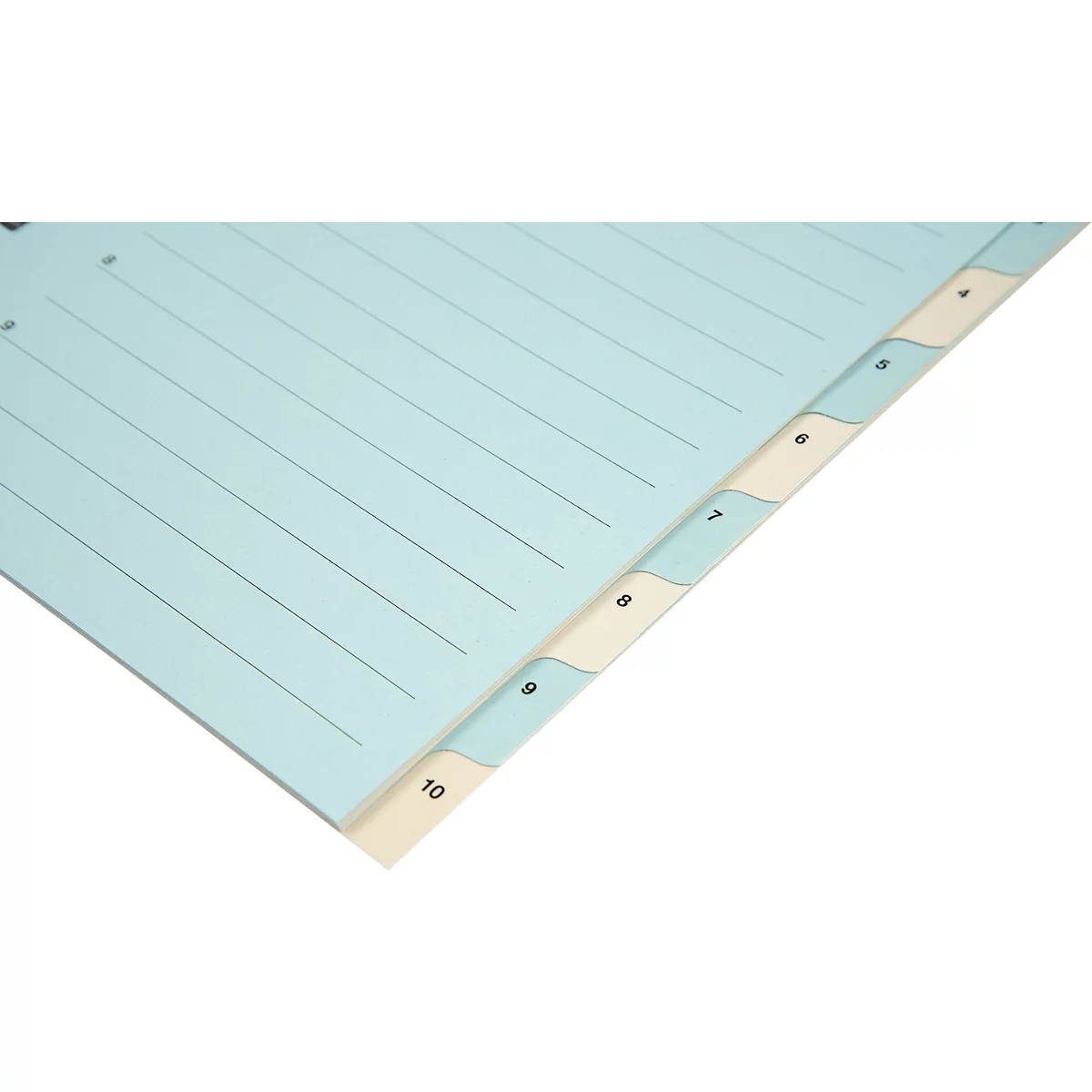 Registre bleu clair avec numéros de page 5 à 10. Lignes sur les pages. Coin cassé.