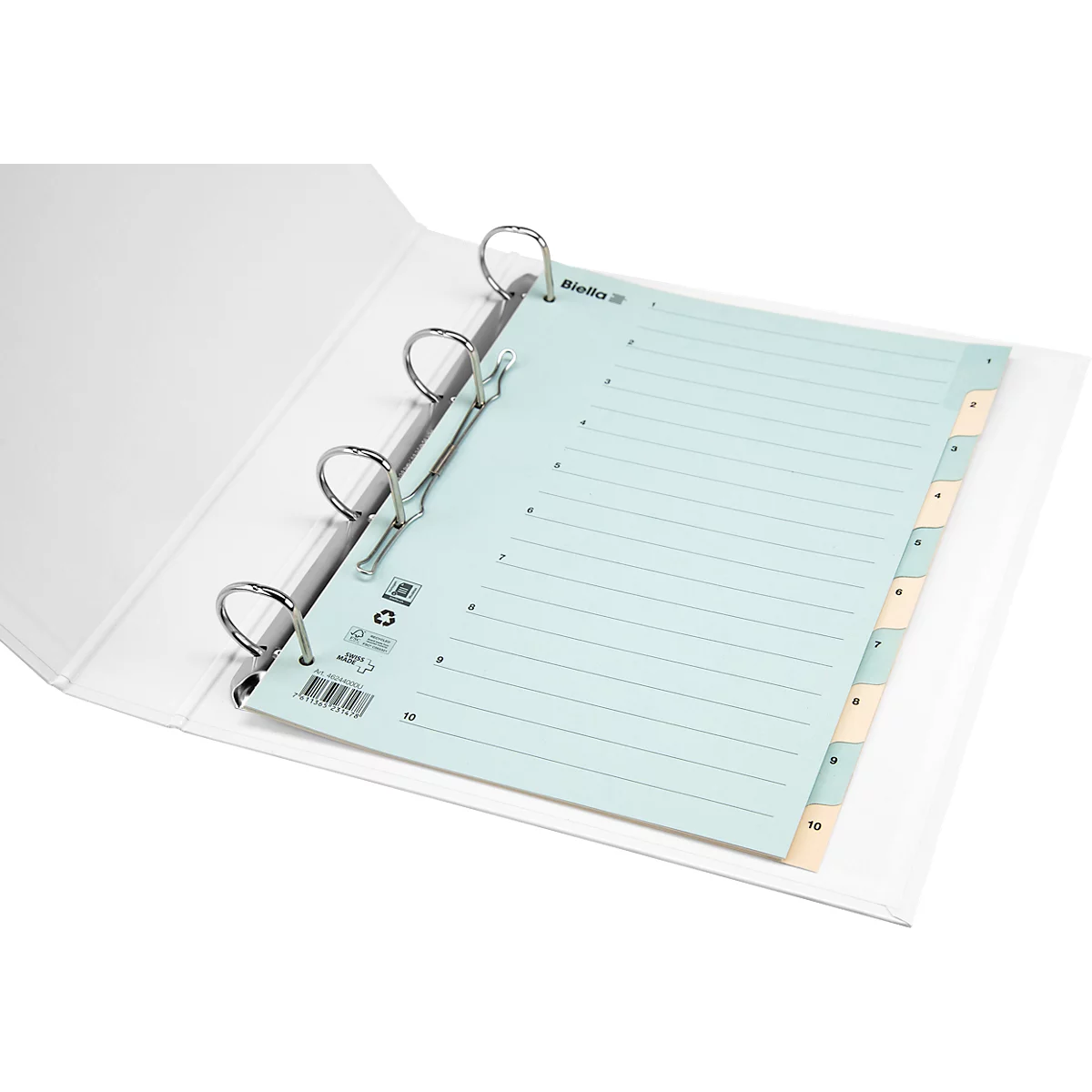 Classeur blanc avec livre ouvert, page bleue avec lignes et numéros d'index. Anneaux métalliques maintiennent les pages.