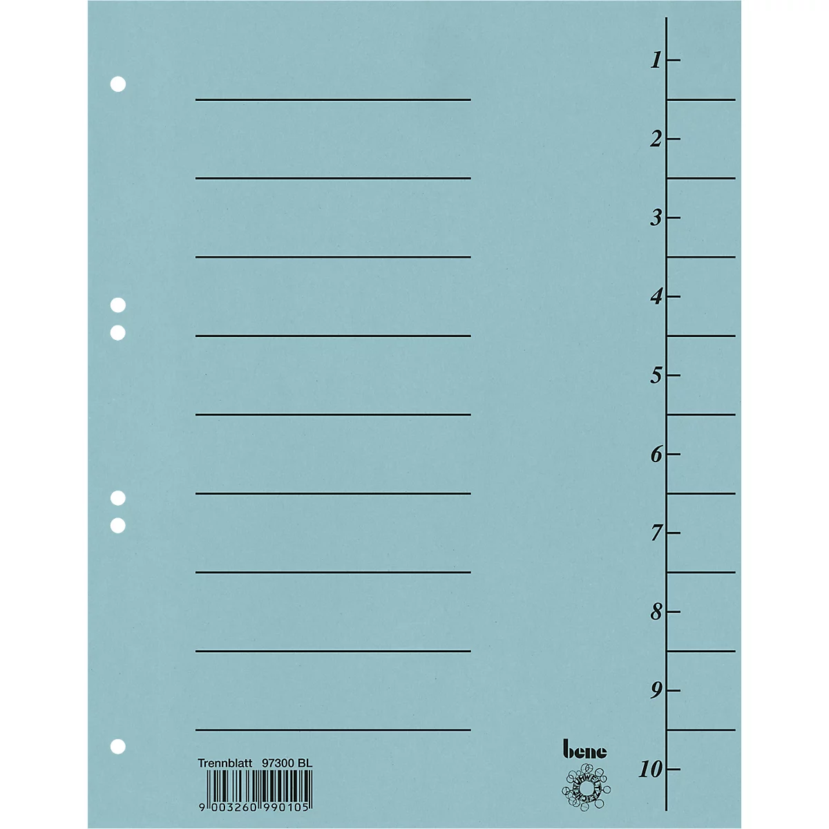 Séparateur bleu clair avec des lignes et des chiffres noirs pour une organisation claire. Il comporte des perforations et un code-barres.