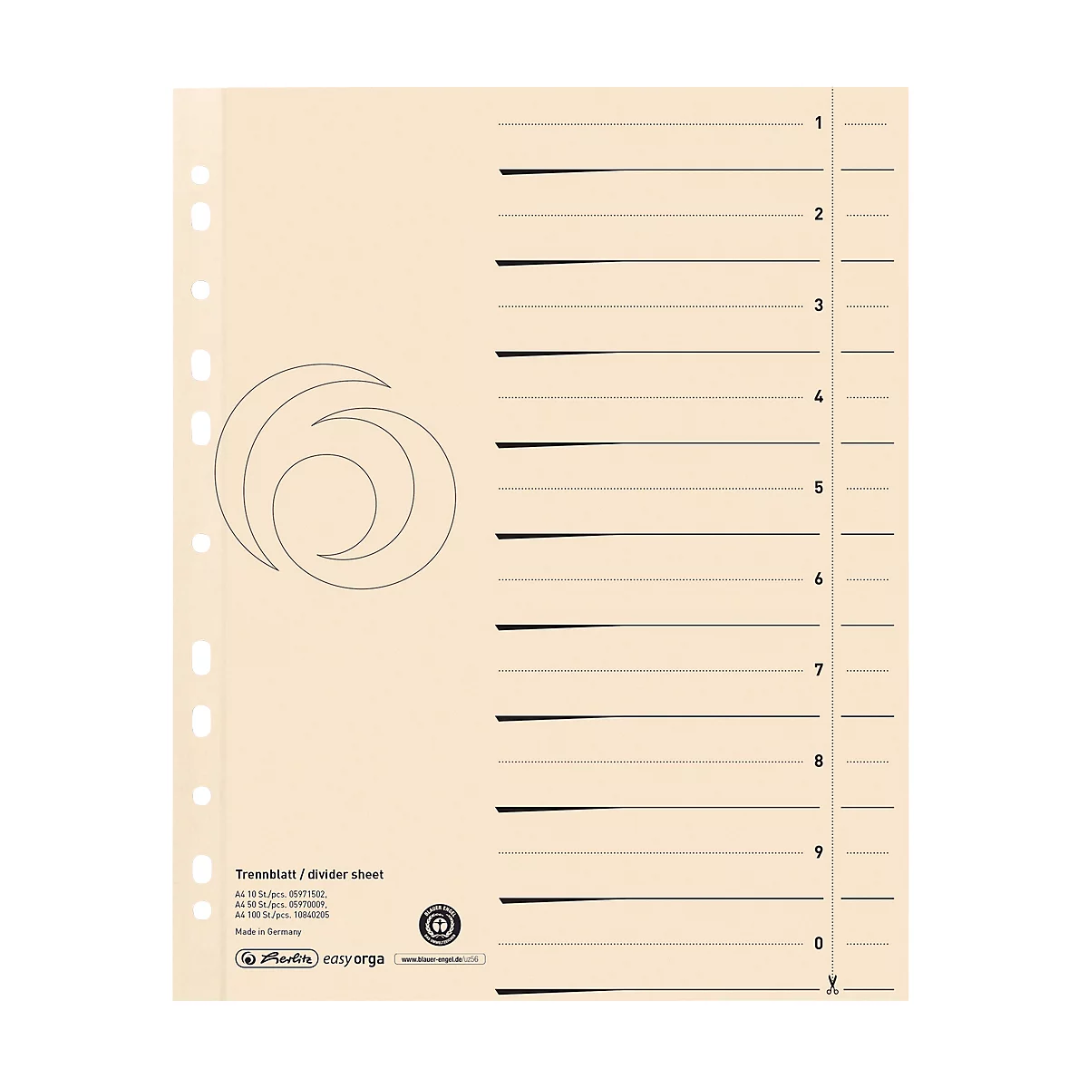 Intercalaires à découper herlitz®, A4, carton recyclé, perforation Euro, lignes pré-tracées, jaune chamois, 10 p.