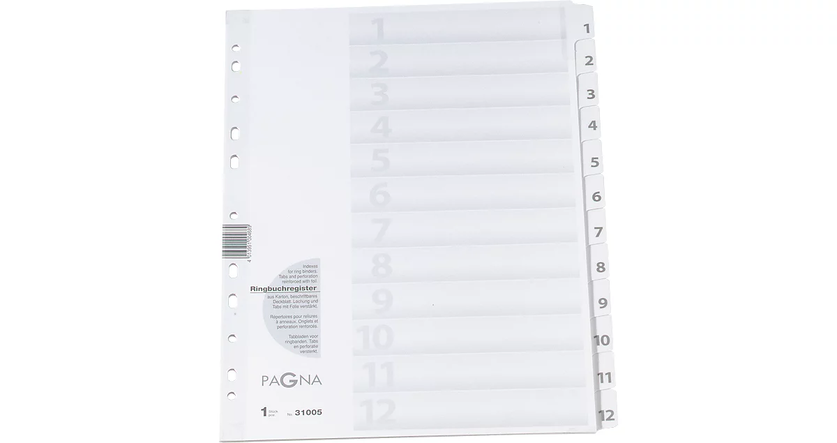 Intercalaires en carton PAGNA, numérotés de 1 à 12, gris