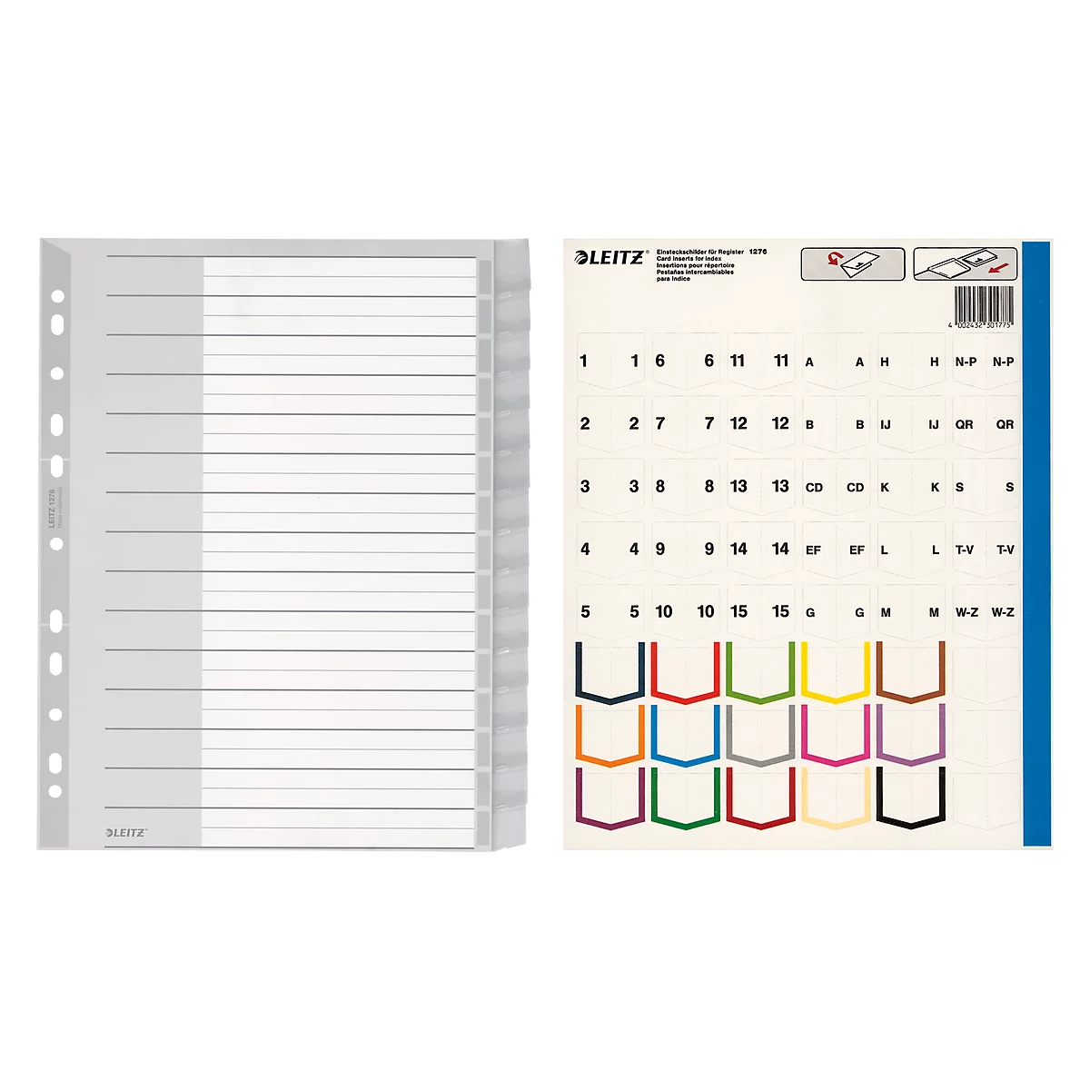 Intercalaires en plastique avec onglets LEITZ, format A4, 15 feuilles, n° 1276