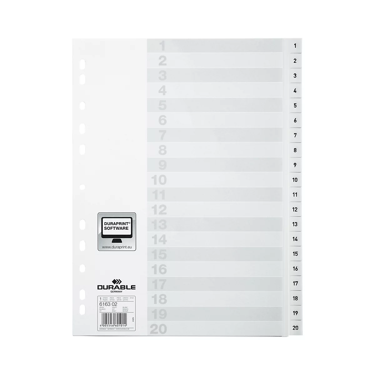 Intercalaires en plastique DURABLE, format A4 portrait, numérotés de 1 à 20, blanc