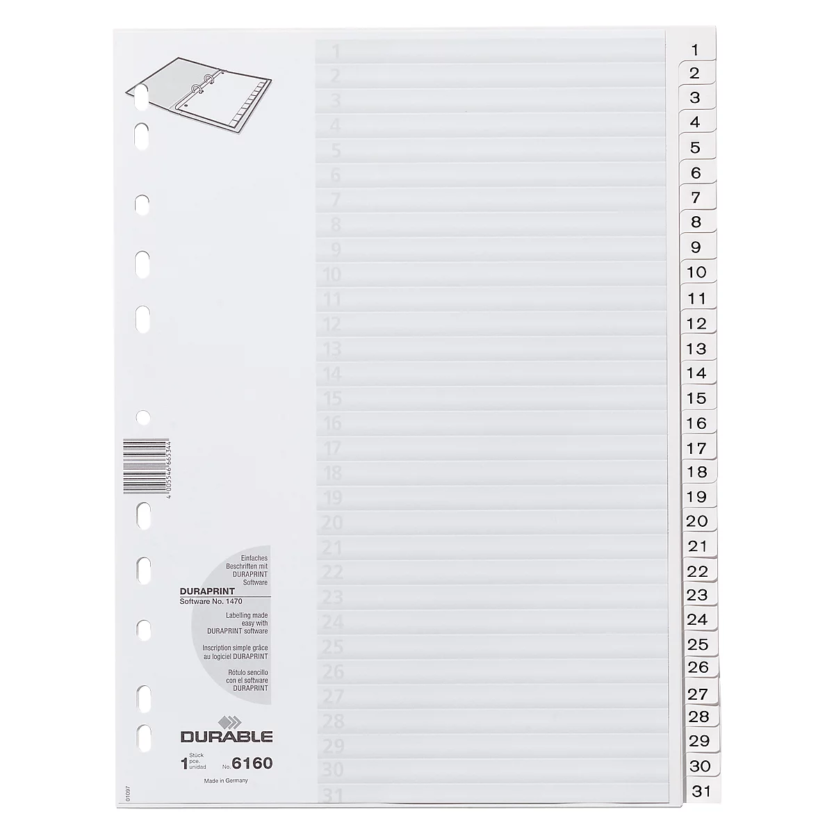 Intercalaires en plastique DURABLE, format A4 portrait, numérotés de 1 à 31, blanc