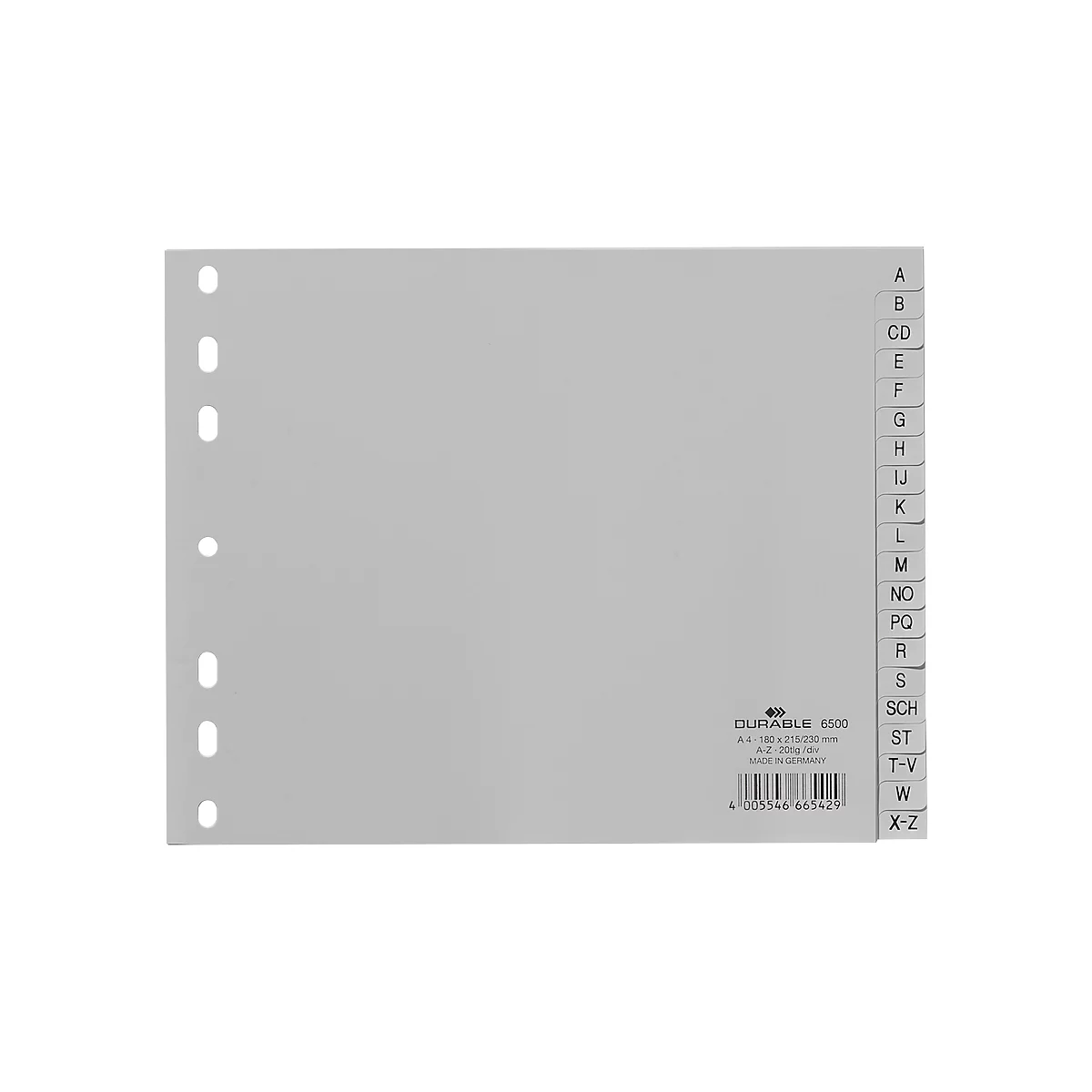 Intercalaires en plastique DURABLE, format demi A4 paysage, lettres A-Z (20 intercalaires), gris