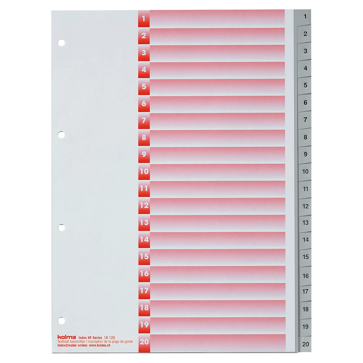 Une fiche d'index blanche avec 20 onglets de séparation rouges numérotés. Les numéros sont listés de 1 à 20.
