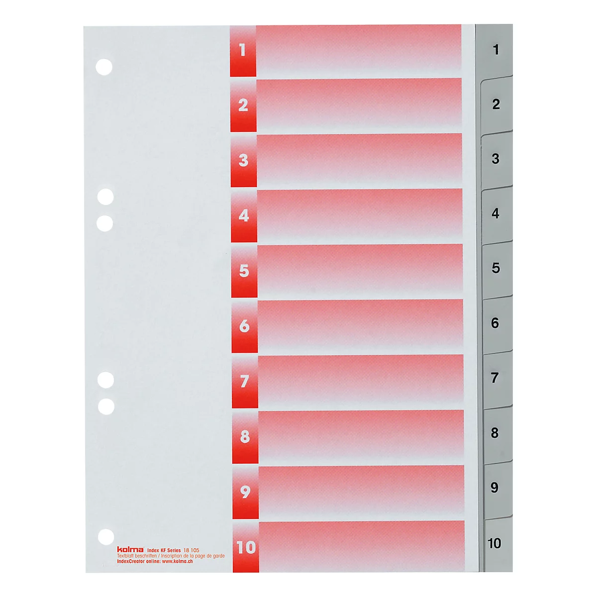 Fiche d'index avec numérotation rouge de 1 à 10. Sur le côté gauche se trouvent trois trous.