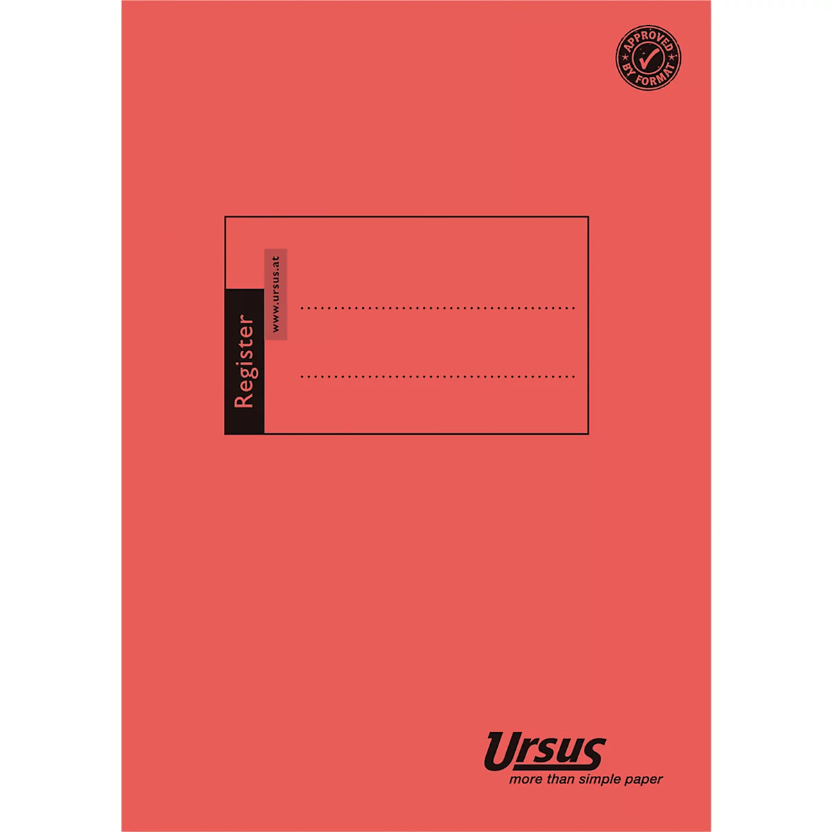Cahier relié rouge avec registre. Sur le côté droit, l'inscription "Ursus". En haut à droite, un signe avec l'inscription "Approved by Format".