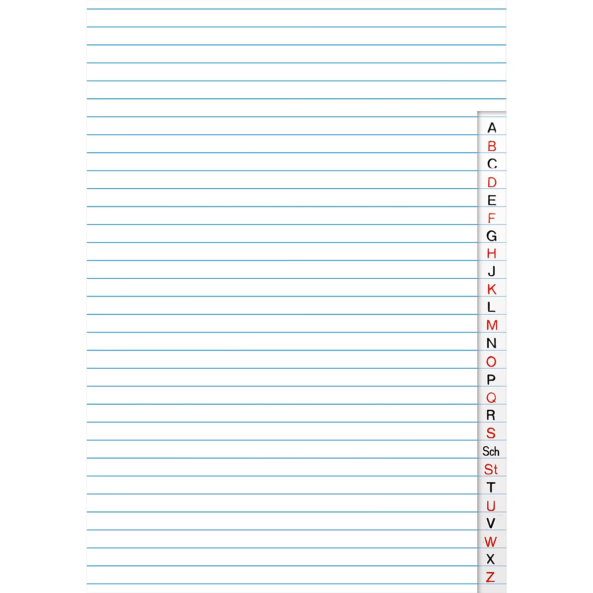 Papier ligné avec un plan alphabétique sur le bord.
