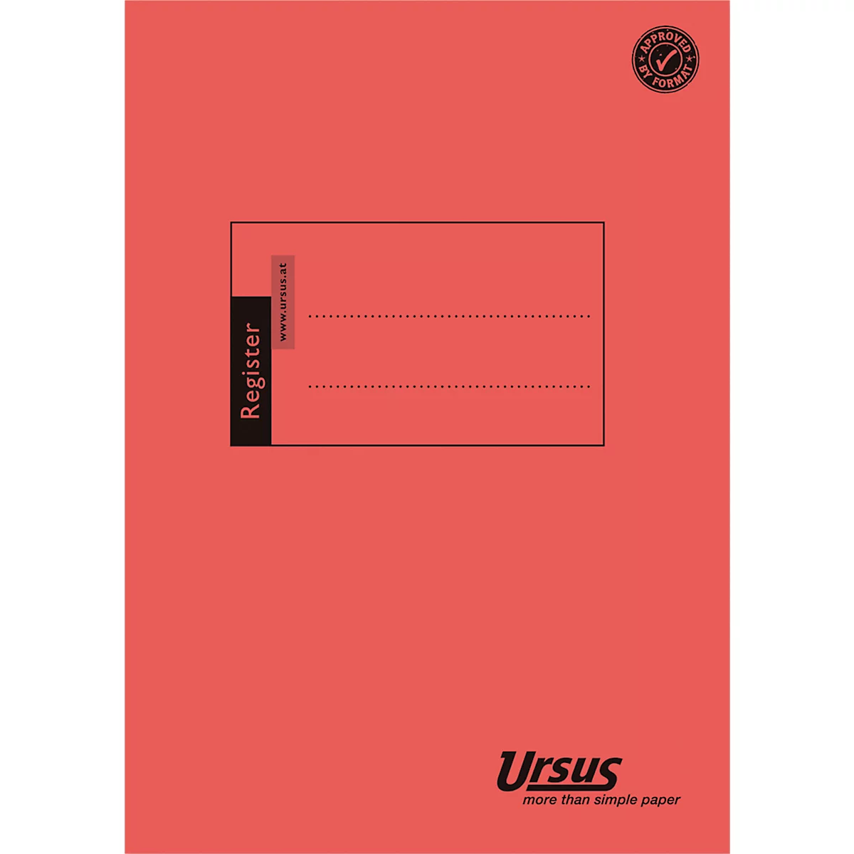 Registre rouge-orange, logo en haut à droite, barre noire à gauche avec 'Registre', en dessous un rectangle avec deux lignes pointillées.