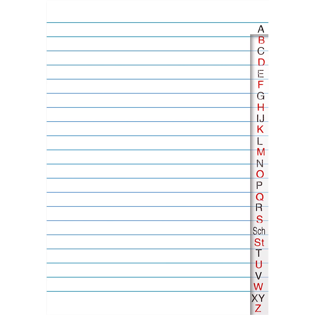 Papier ligné blanc avec un cadre bleu et une ventilation alphabétique rouge sur le côté droit.