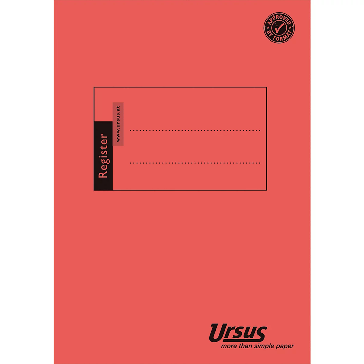 Cahier de registre Ursus rouge avec champ de registre noir, texte Ursus, logo, & "Approved by Format".