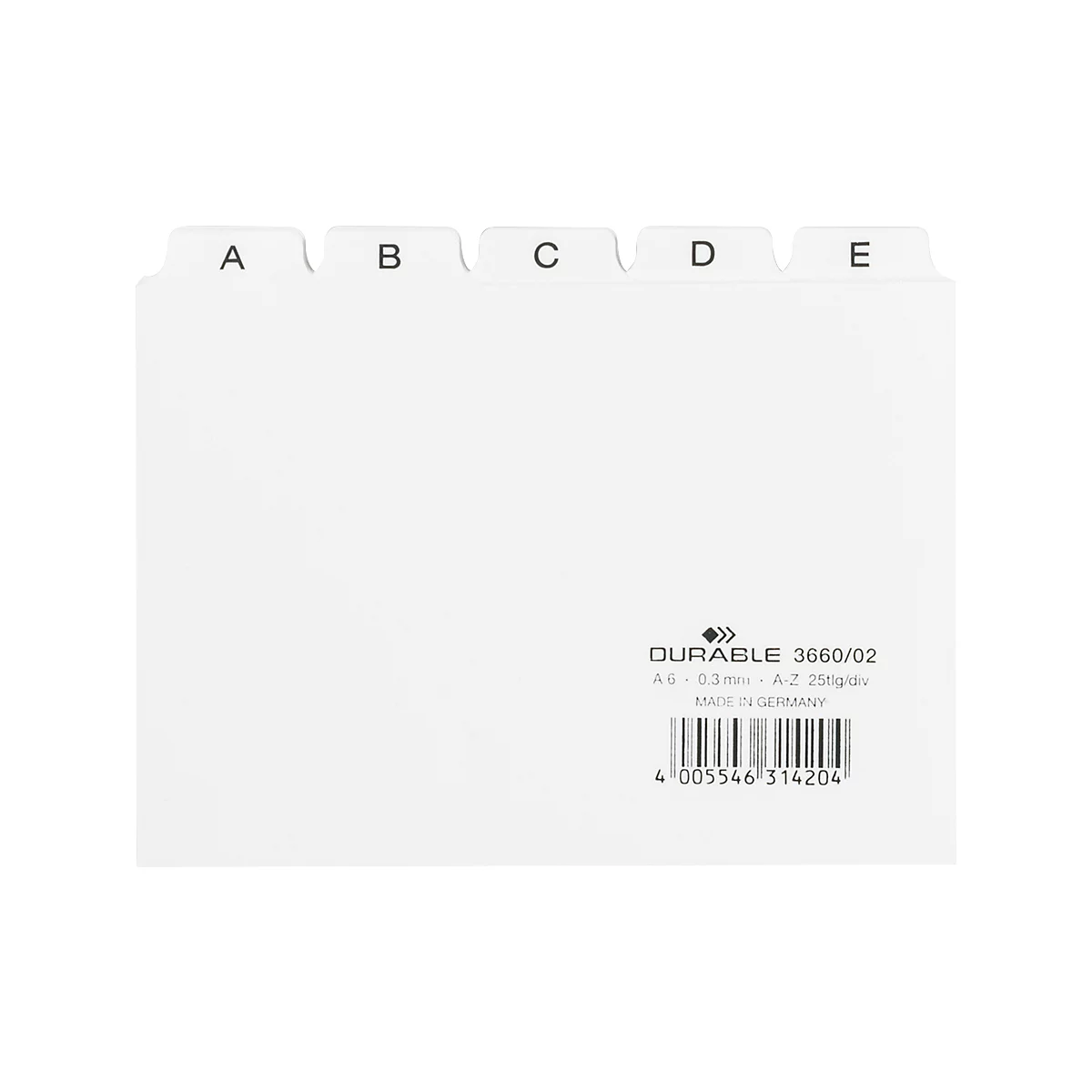 Intercalaires pour boîtes à fiches DURABLE, format A6, lettres A à Z, plastique, blanc