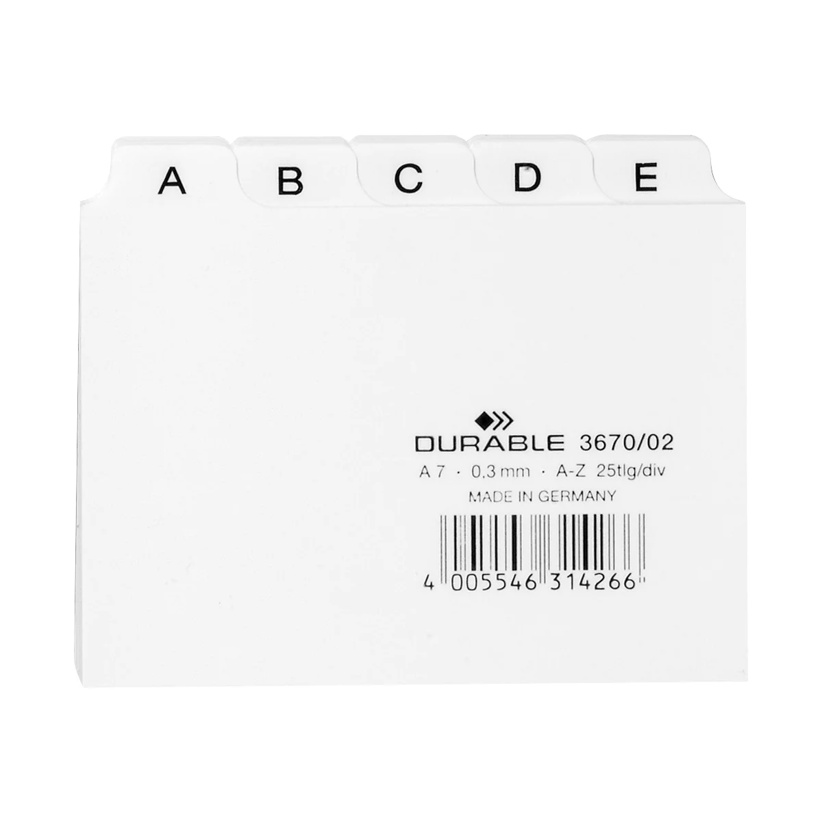 Intercalaires pour boîtes à fiches DURABLE, format A7, lettres A à Z, plastique, blanc
