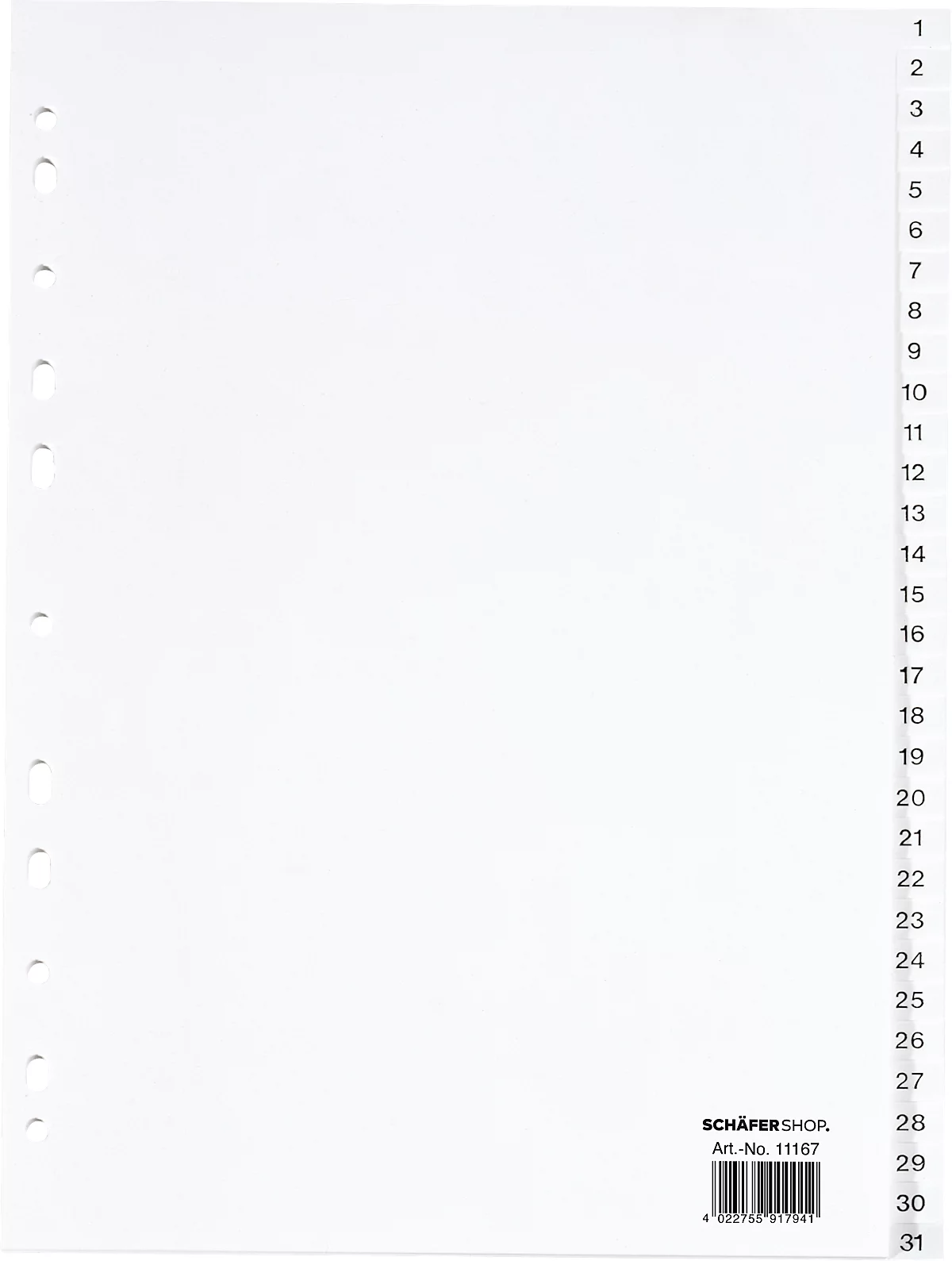 Intercalaires PP pour classeurs à levier SCHÄFER SHOP, format plein A4, numérotés de 1 à 31, blanc