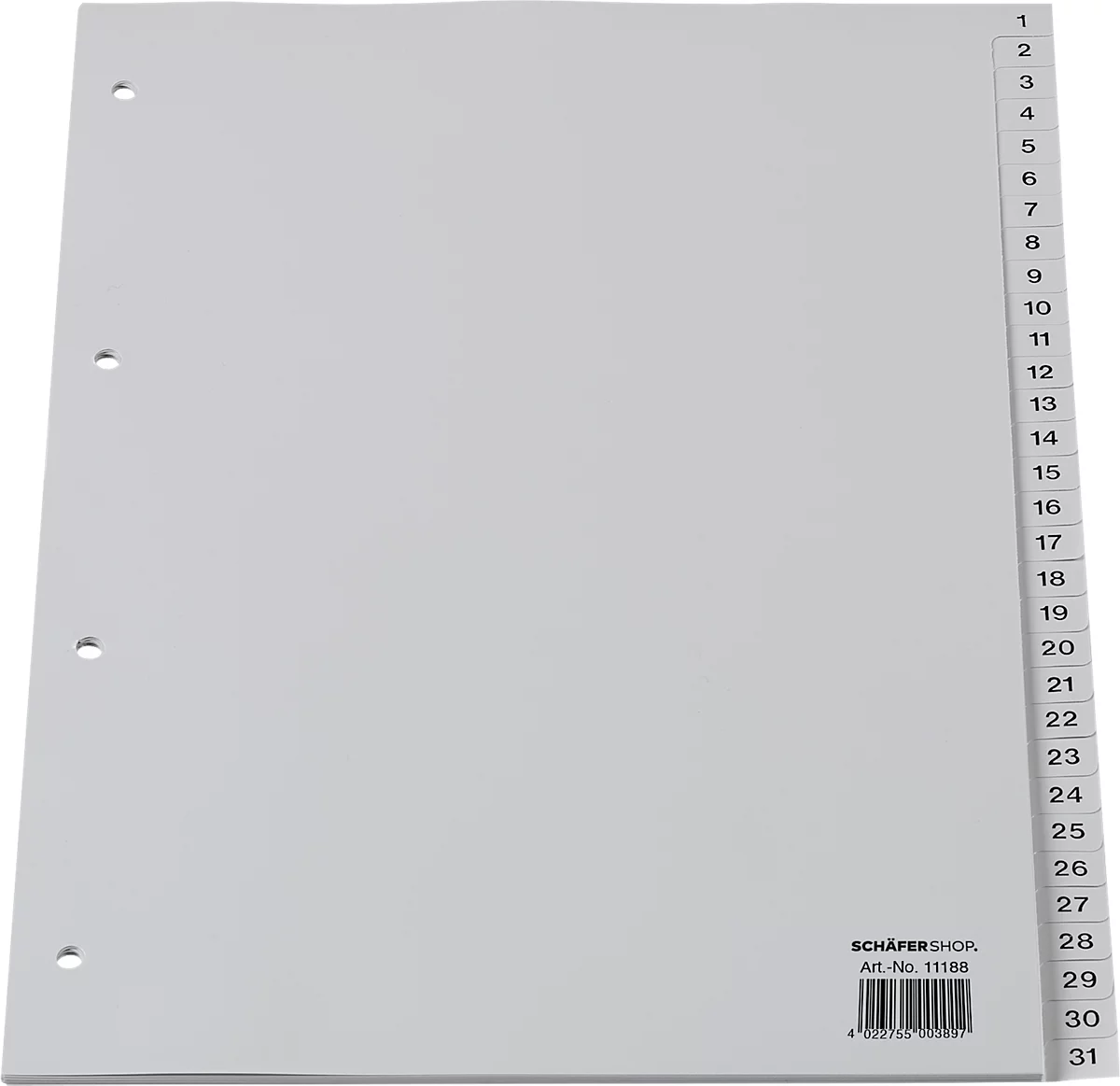 Intercalaires PP pour classeurs à levier SCHÄFER SHOP, format plein A4, numérotés de 1 à 31, gris