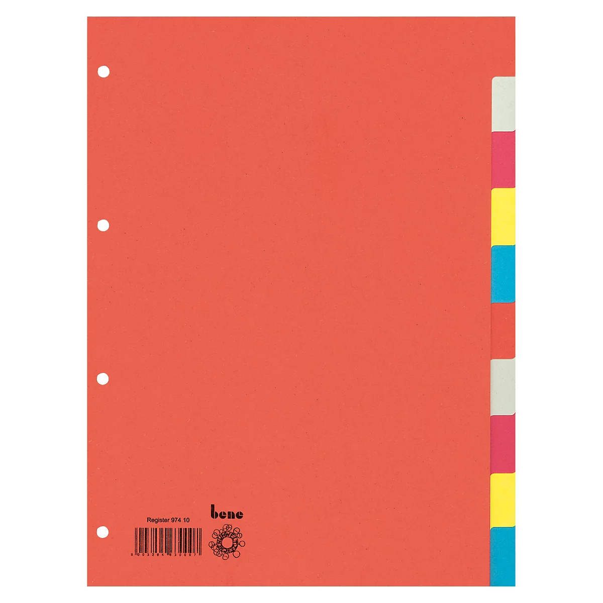 Classeur rouge avec séparateurs colorés. Trous en haut à gauche, onglets à droite. La marque 'bene' est en bas à droite.