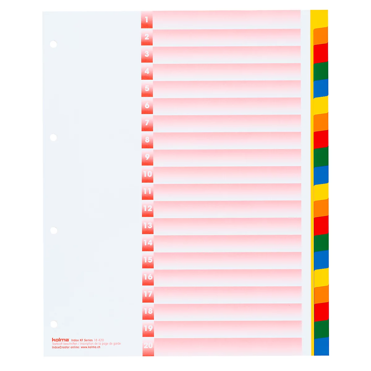 Un jeu d'onglets blanc avec 20 onglets rouges numérotés. Une bande multicolore marque le côté droit.