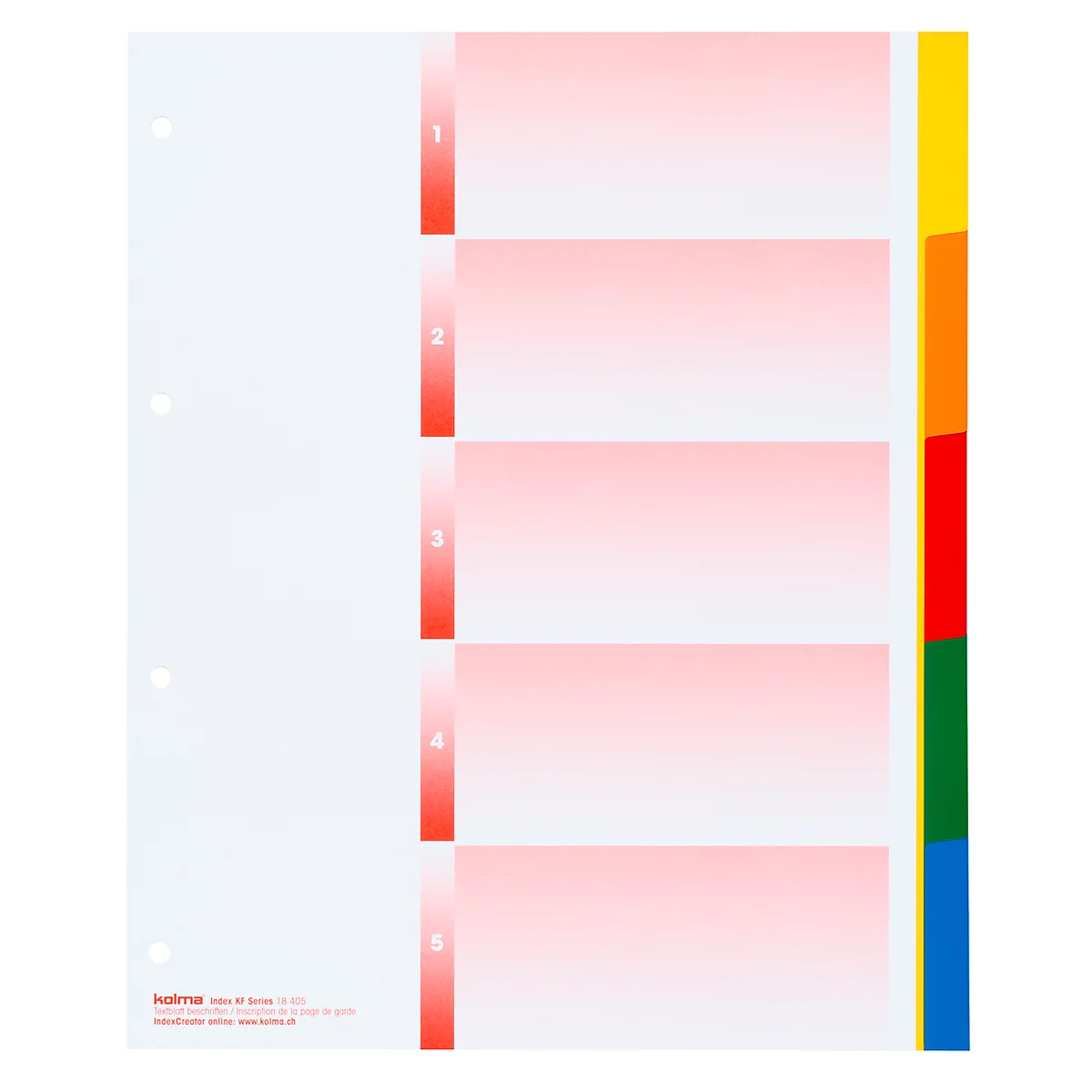 Un registre blanc avec des intercalaires colorés et une numérotation de 1 à 5.