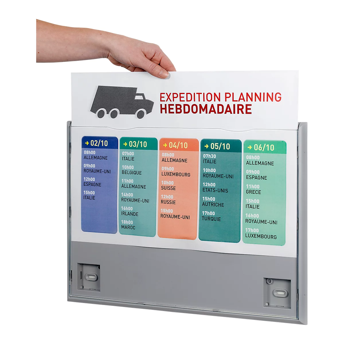 Hand holding a board with a truck symbol and a weekly schedule. Dates, times, and destinations are on colored fields.