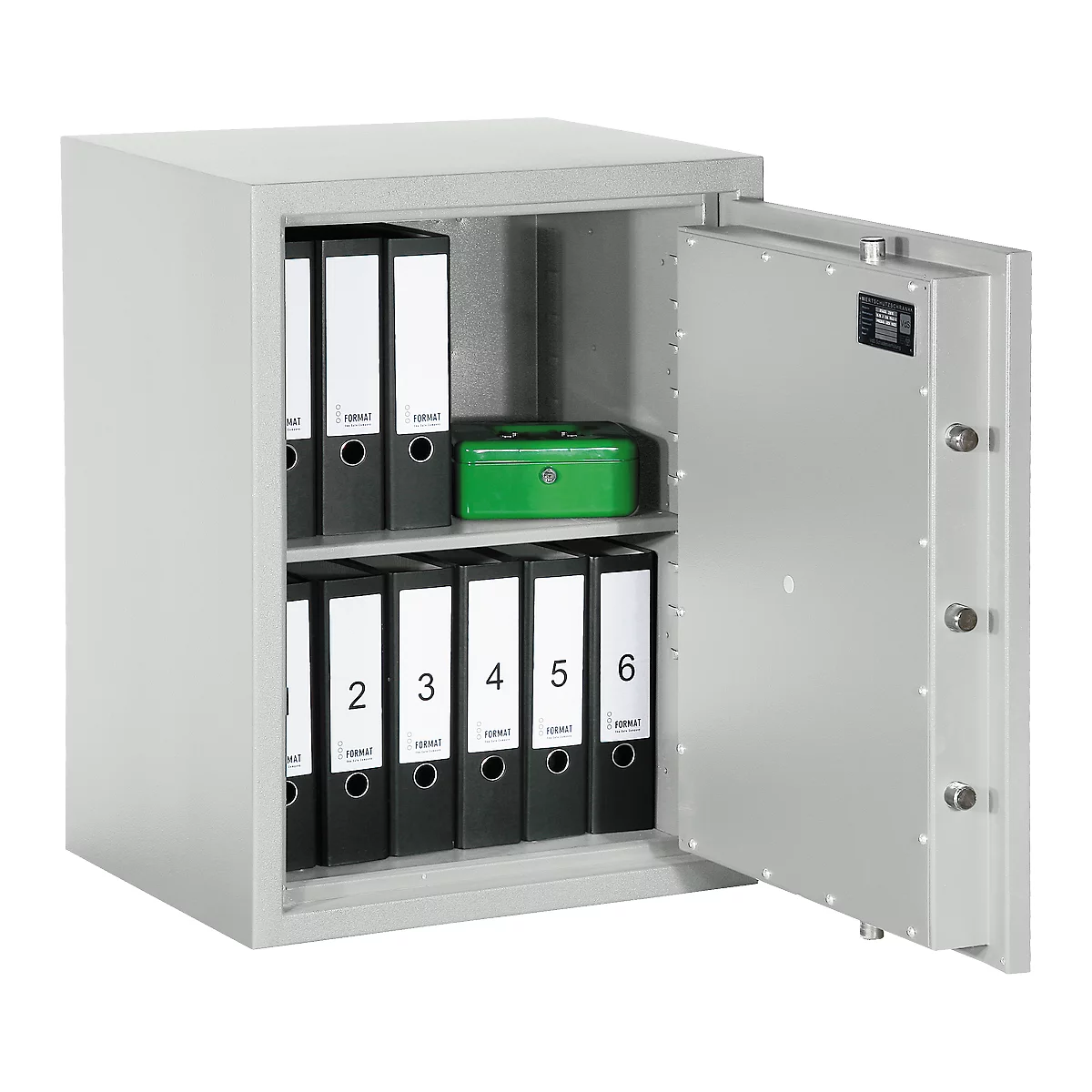 Grey safe with open door, filled with files and a green box.