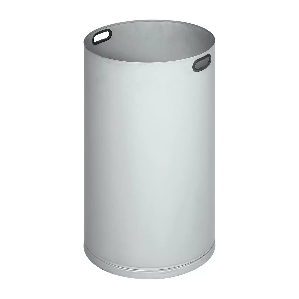 Cylindrical, gray laundry basket with two handles.