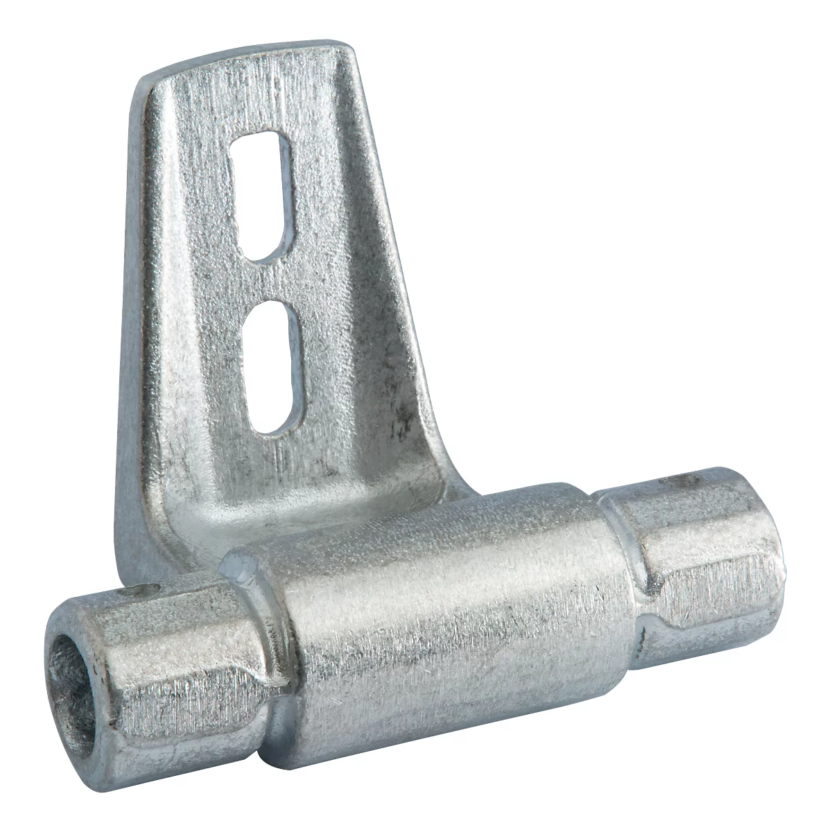Silver metal angle with two holes and a cylindrical attachment.