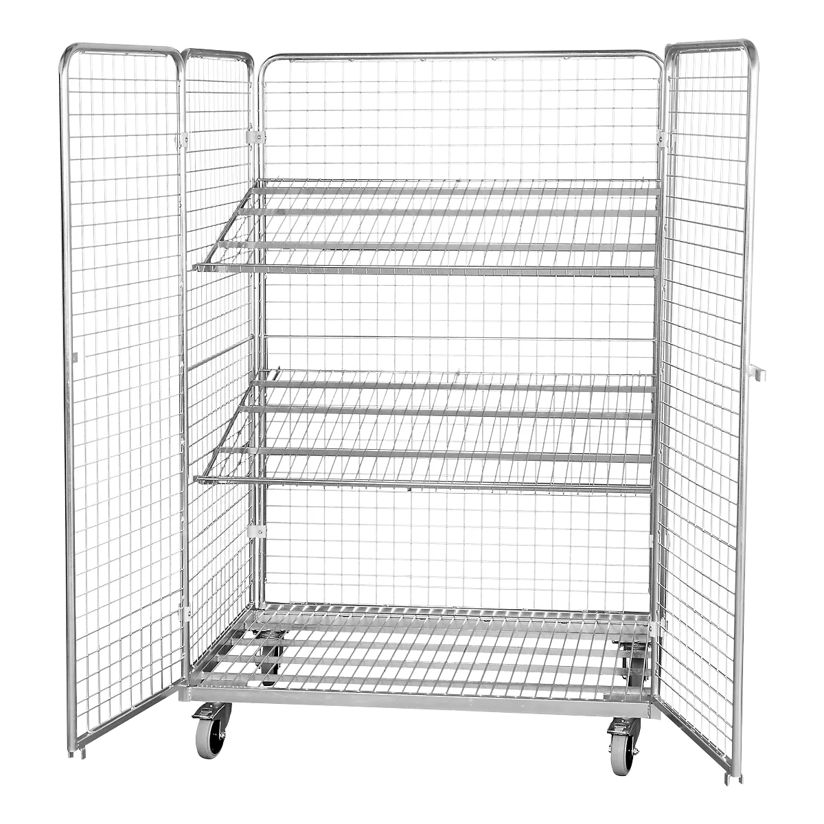 Metal transport trolley, with three shelves and grids, doors open.