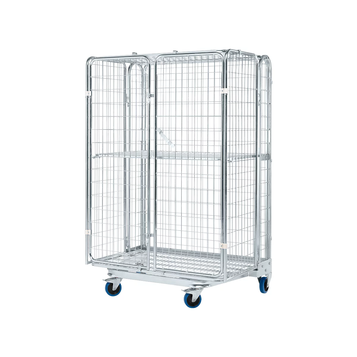 Metal grid transport cart with two shelves. The cart stands on four wheels with blue tires.