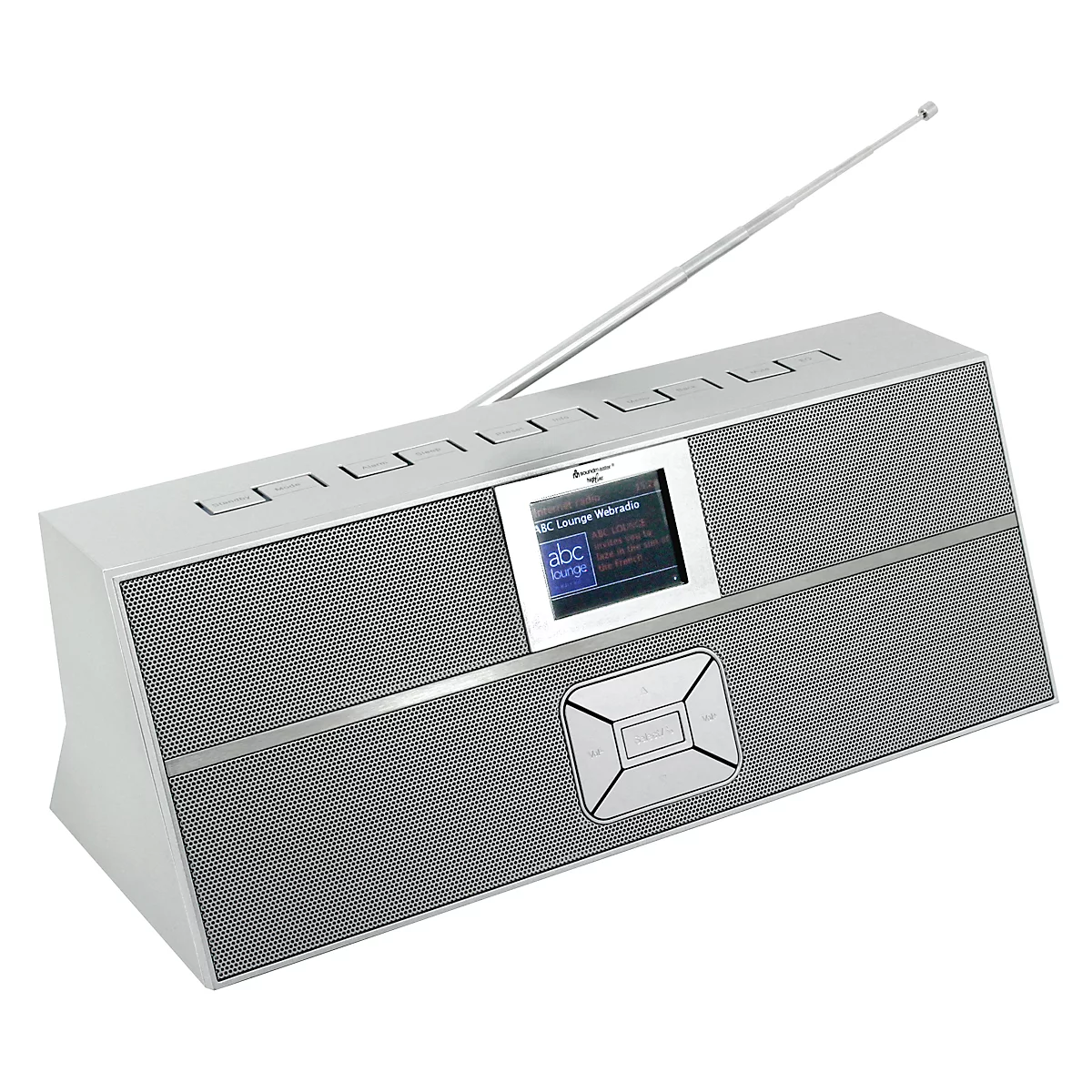 Grey radio with display and antenna. The BBC Lounge Weltradio logo is visible on the display.
