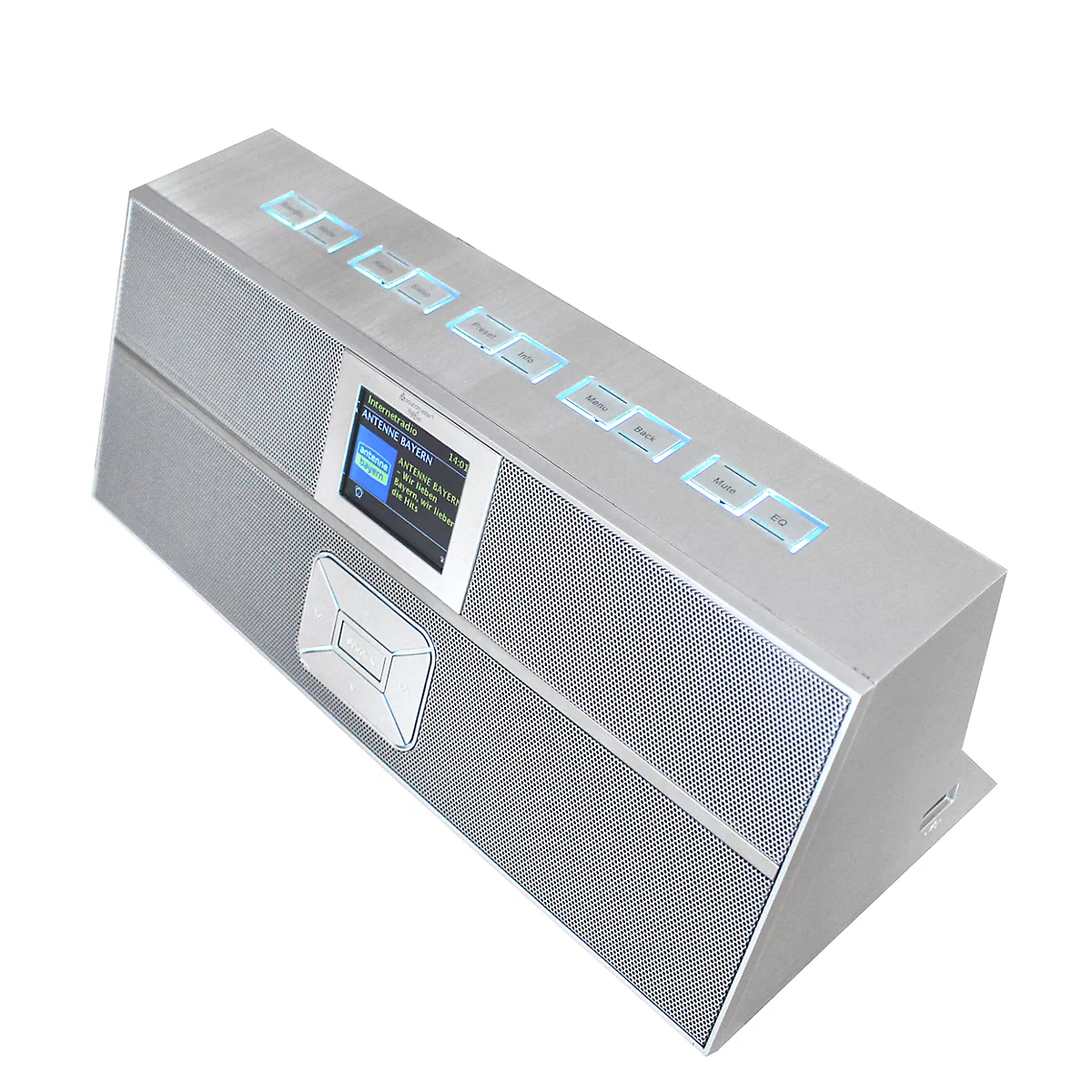 Silver speaker with display and controls, showing a music title. The speaker is set up at an angle.
