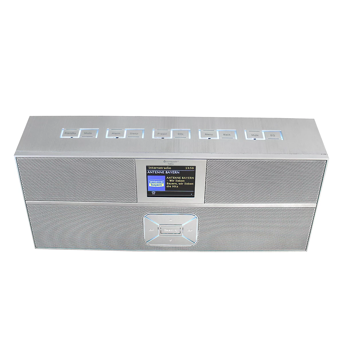 Silver digital radio with screen, top controls and a logo. The display shows a radio station.