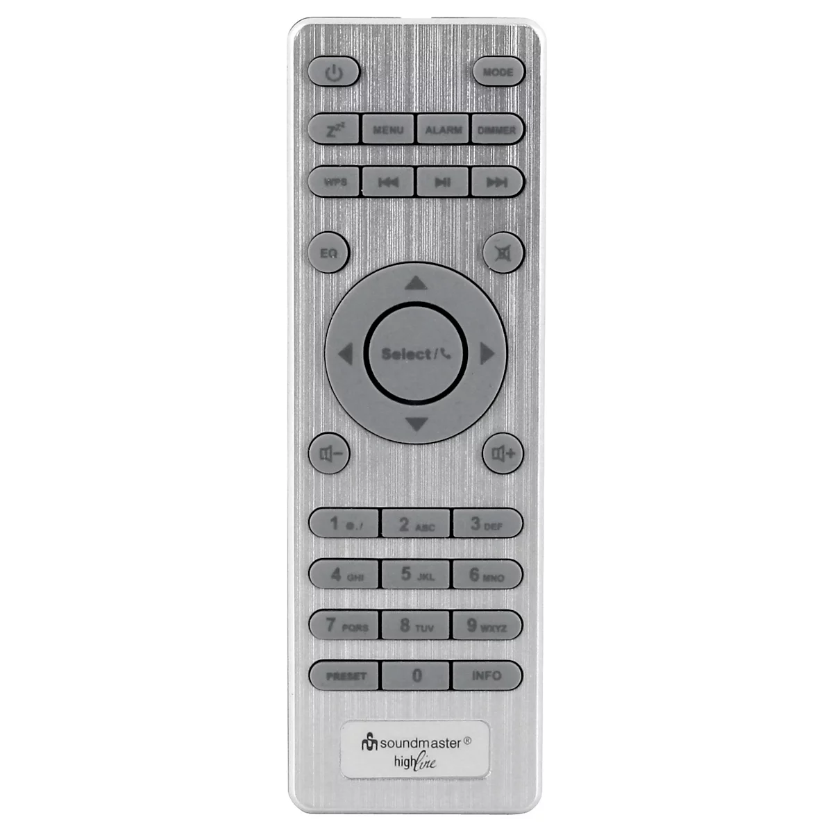 Silver remote control with grey buttons. Below are functions like power, menu, playback, volume and numbers.