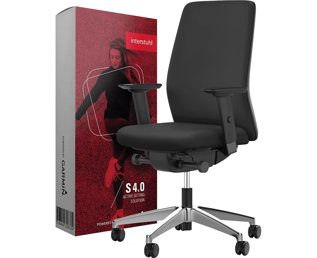 Interstuhl AIMis1 bureaustoel, met armleuningen, synchroonmechanisme, vlakke zitting, incl. zitvoeler S 4.0, zwart/alusisch zilver