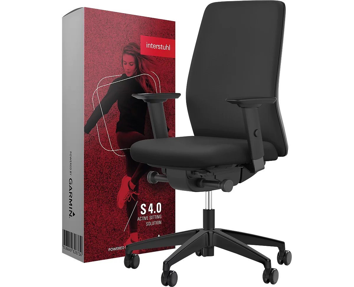 Interstuhl AIMis1 bureaustoel, met armleuningen, synchroonmechanisme, vlakke zitting, incl. zitvoeler S 4.0, zwart/zwart