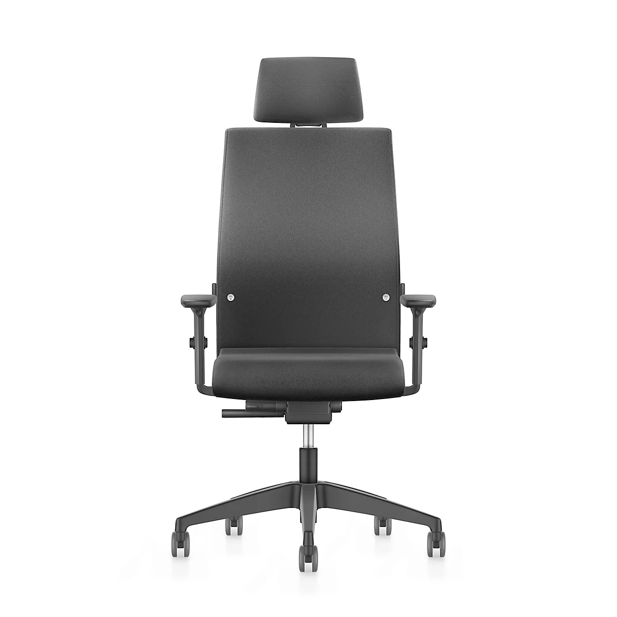 Schwarzer Bürostuhl mit Kopfstütze, Armlehnen und Rollen, vor weißem Hintergrund.