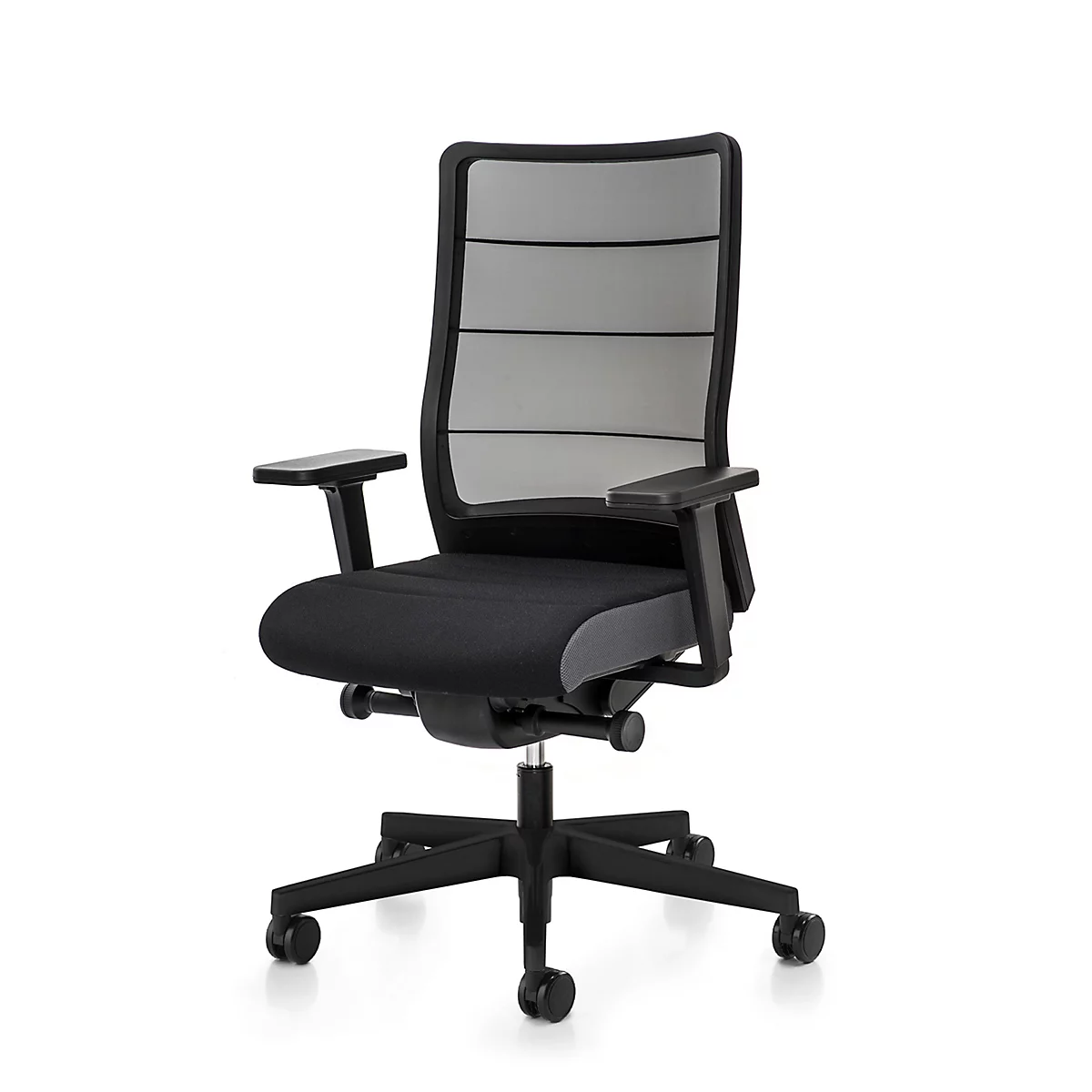 Interstuhl Bürostuhl Airpad 3C44, mit Armlehnen, Synchronmechanik, Flachsitz, Anti-Schock-Funktion, schwarz/brillantsilber