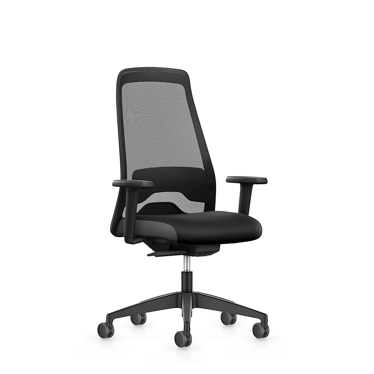 Schwarzer Bürostuhl mit Mesh-Rückenlehne, Armlehnen und Rollen vor weißem Hintergrund.