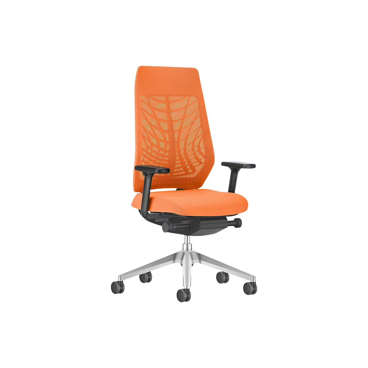 Interstuhl Bürostuhl JOYCE is3, Synchronmechanik, Armlehnen, FlexGrid-Lordosenstütze, Netzrücken, Flachsitz, schwarz/orange