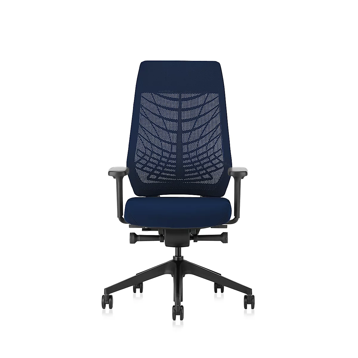 Bürostuhl in Dunkelblau, Netzrückenlehne, Armlehnen, fünf Rollen, vor weißem Hintergrund.