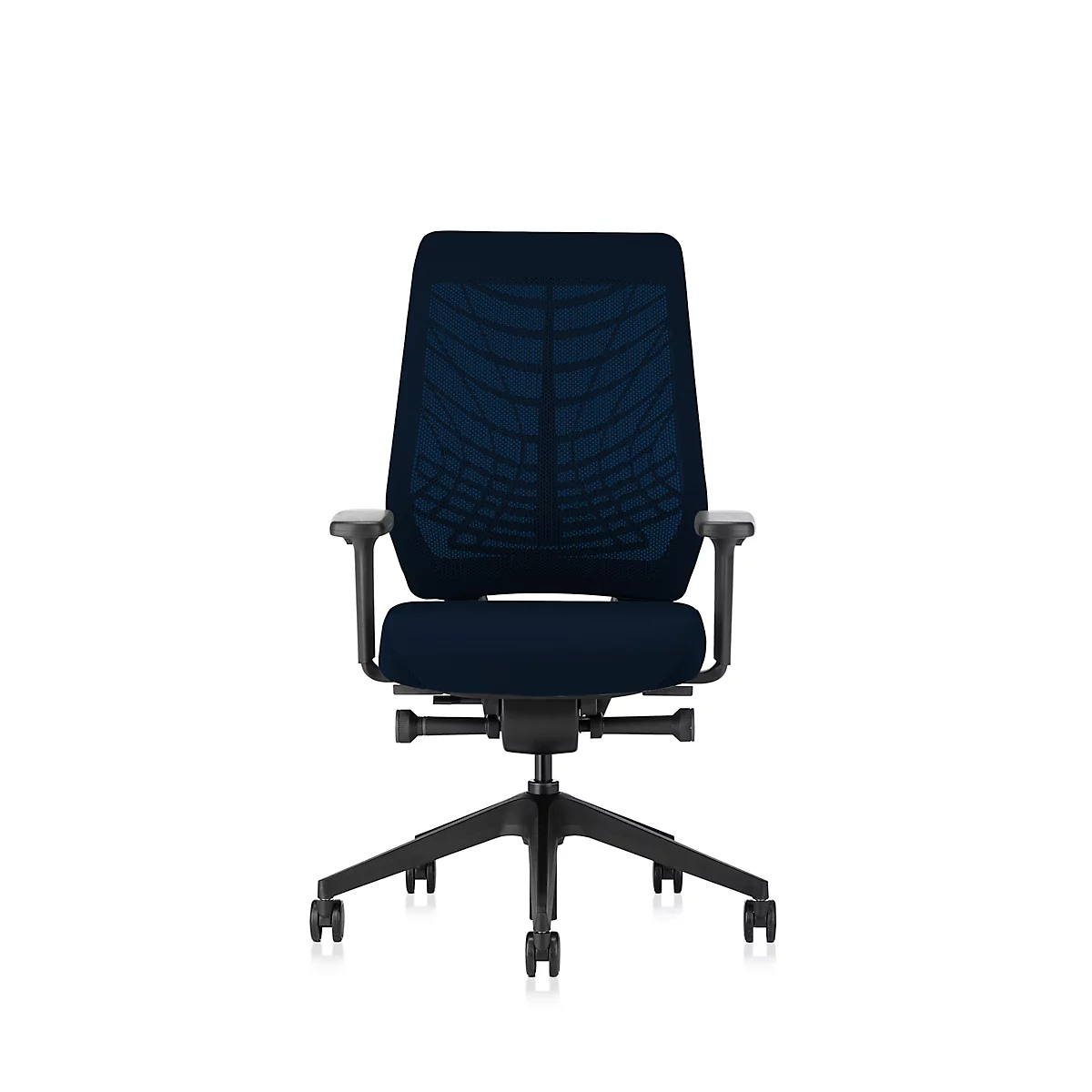 Bürostuhl mit blauem Netzrücken und schwarzem Gestell.