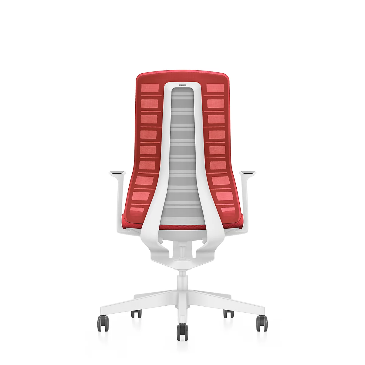 Interstuhl Bürostuhl PUREis3, feste Armlehnen, 3D-Auto-Synchronmechanik, Muldensitz, Netzrücken, feuerrot/weiß